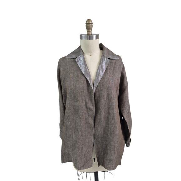 Shamask Sz 1 Bergdorf Goodman Linen Bronze Metallic Shirt Open Front Jacket S/M - Picture 1 of 8